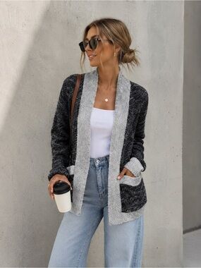 BNCI Heather Grey Longline Open Front Knit Cardigan Sweater Large